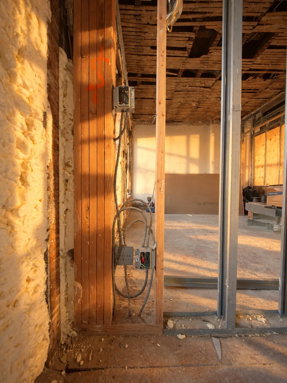 Réseaux électriques visibles dans une rénovation intérieure